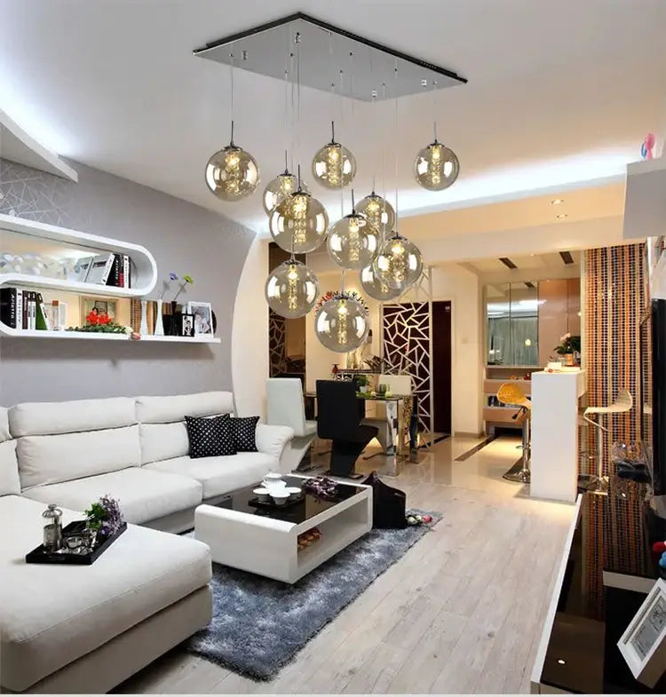 Modern loft chandelier DecorBites™ luxurious spiral LED with rectangular metallic frame and multiple spherical glass globes