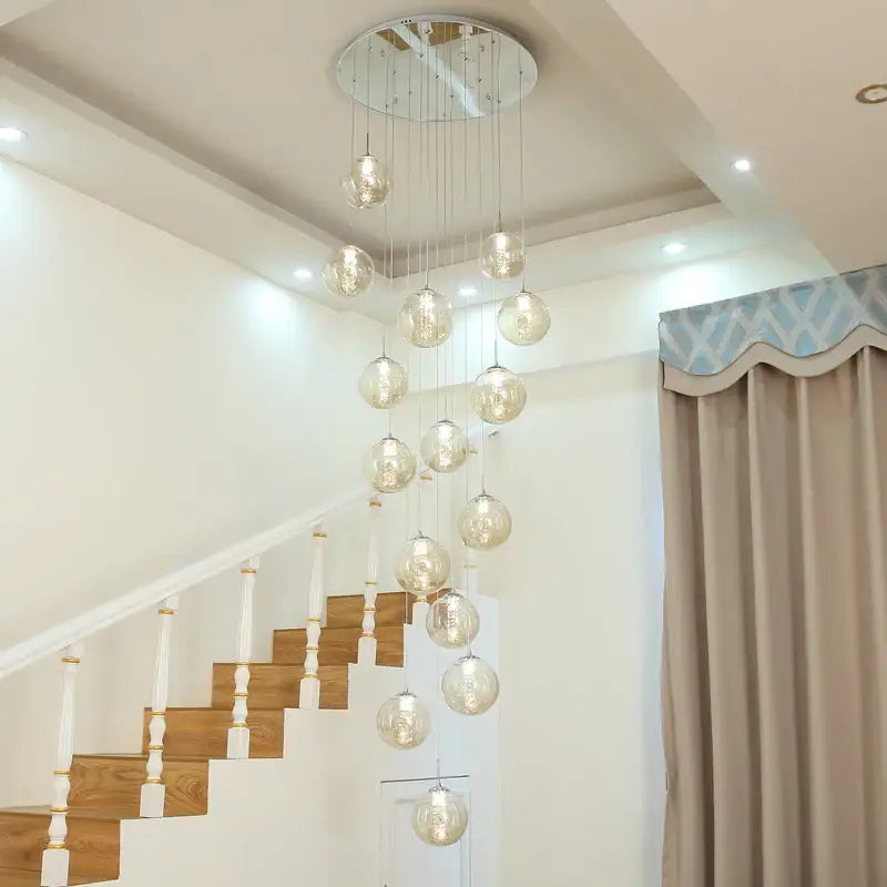 Decorbites™ luxurious spiral led modern loft chandelier with multiple spherical glass bulbs and chrome fixture for home and hotel