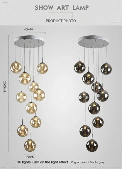 Modern loft chandelier DecorBites luxurious spiral led with cognac and smoke gray glass globes on chrome mount
