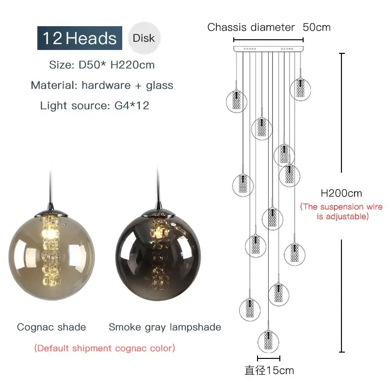 DecorBites™ luxurious spiral led 12-head pendant light with cognac glass shades and adjustable suspension wires for modern loft chandelier