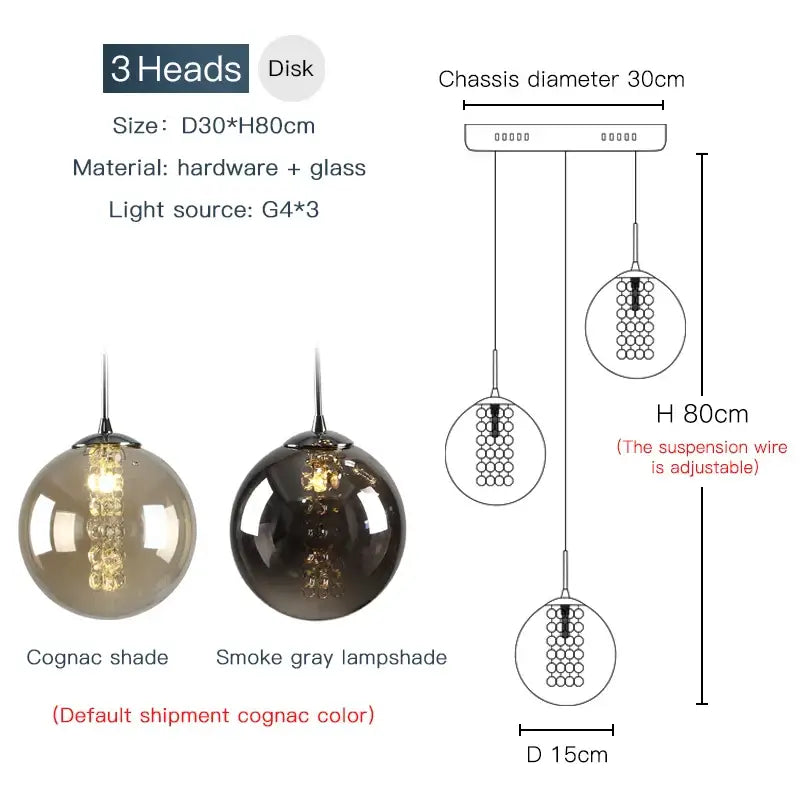 Modern loft chandelier DecorBites Luxurious spiral LED with three spherical cognac glass shades and sleek hardware frame