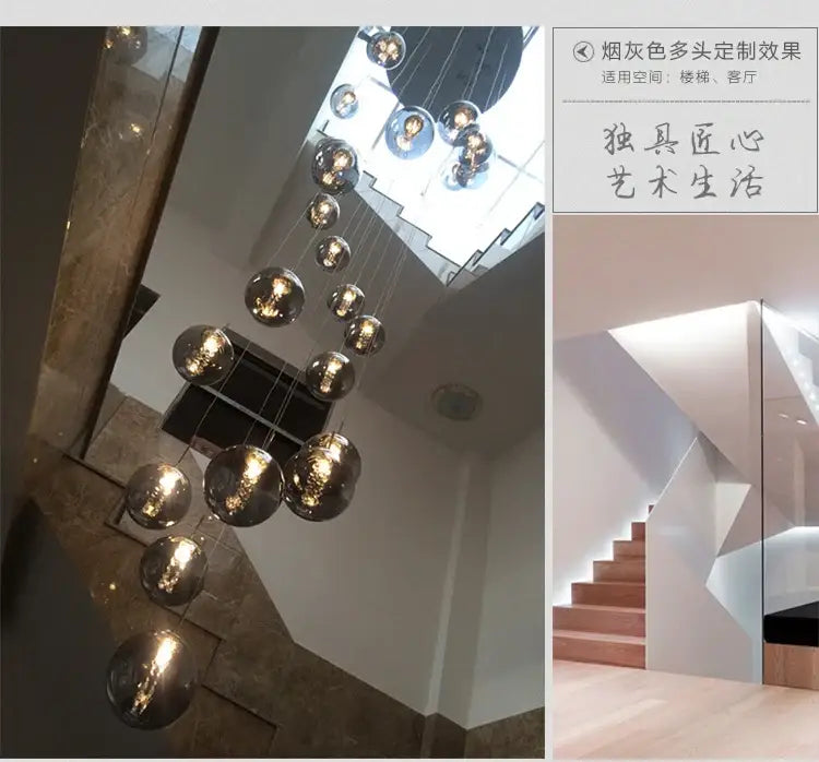 Decorbites™ luxurious spiral led modern loft chandelier with smoke-gray spherical glass orbs for home and hotel use