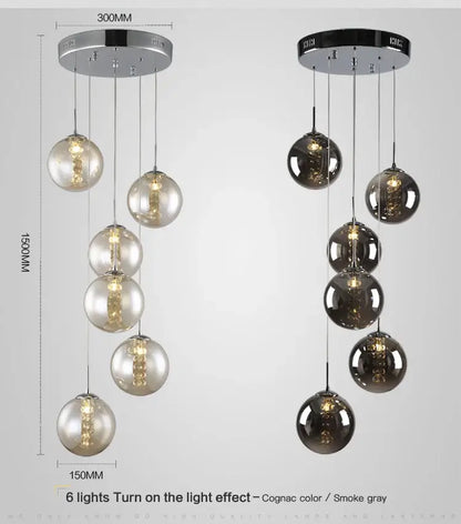 Modern loft chandelier decorbites™ luxurious spiral led with six cognac and smoke gray glass globes and chrome mount