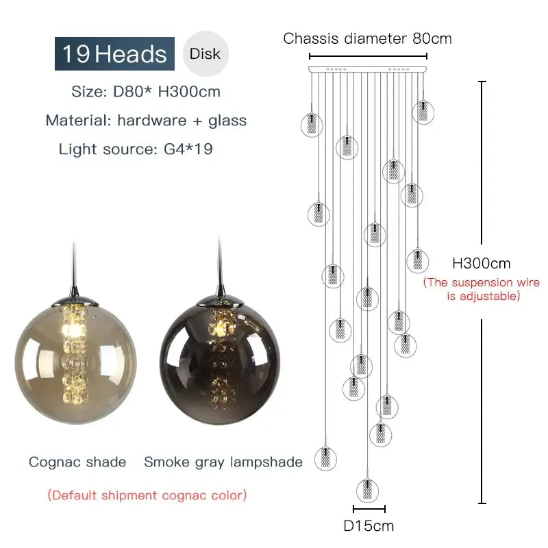 DecorBites™ luxurious spiral led chandelier with 19 spherical glass lampshades in cognac for modern loft spaces