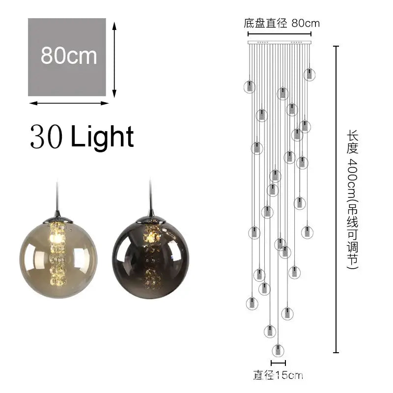 Modern minimalist decorbites™ luxurious spiral led chandelier with 30 smoked glass bulbs for home and hotel use