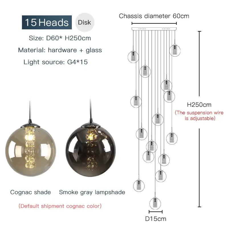 DecorBites™ luxurious spiral led chandelier with 15 spherical glass lampshades in cognac and smoke gray for modern lofts