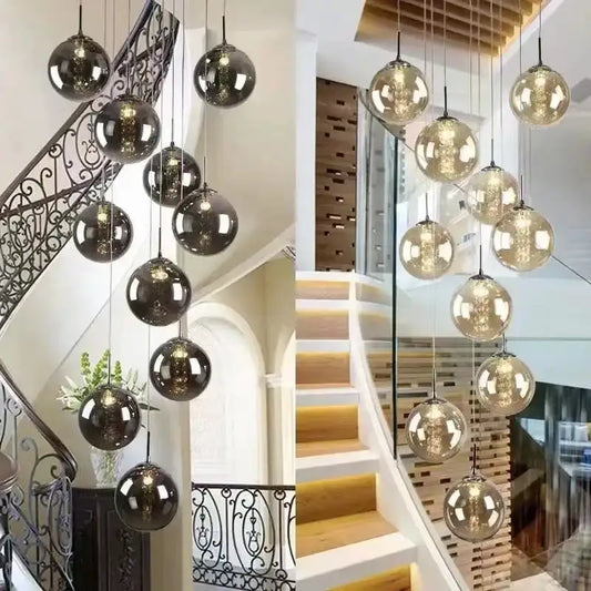 DecorBites™ luxurious spiral led chandelier featuring sleek spherical glass pendant lights in dark and amber hues