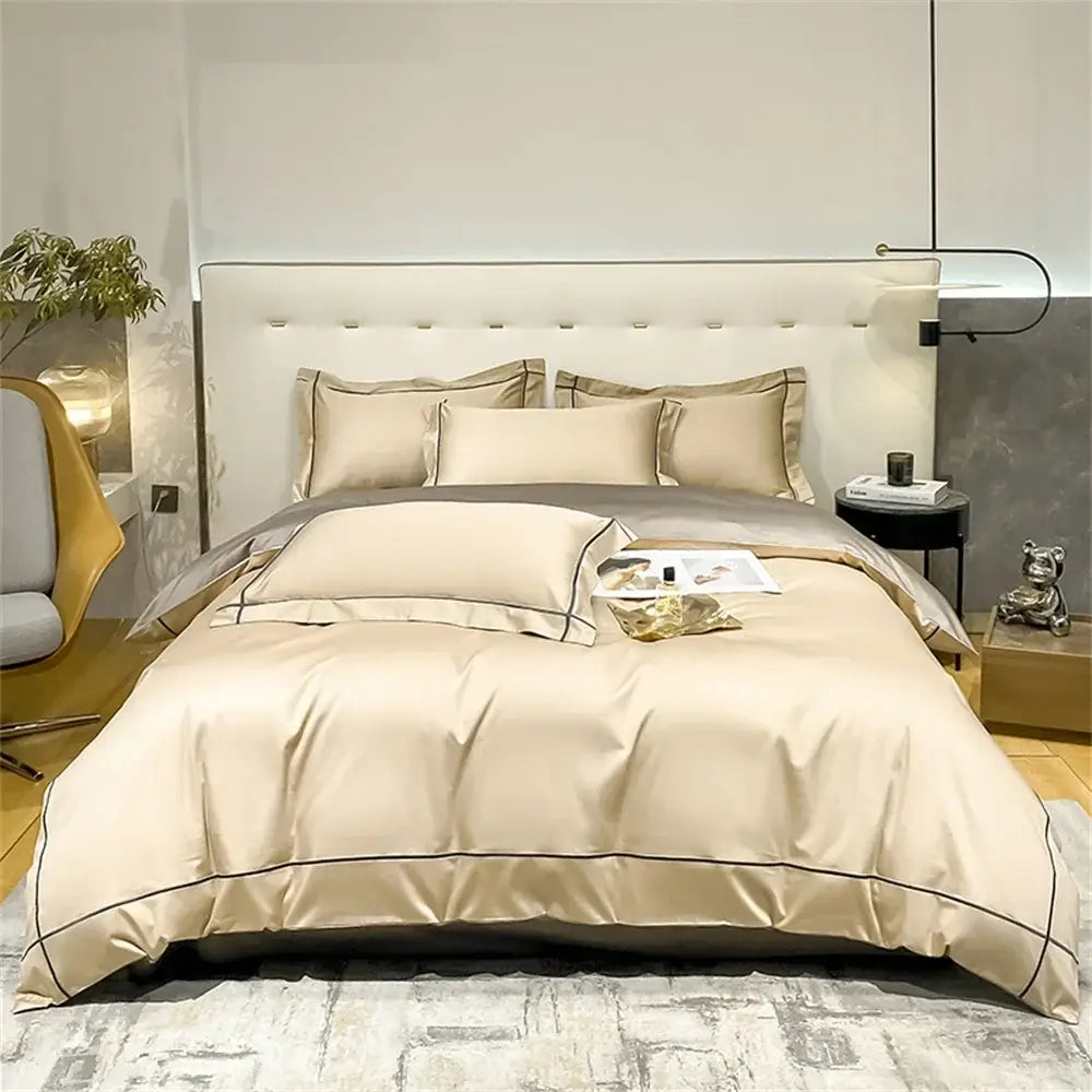 Beige satin DecorBites™ Luxurious Svetanya Egyptian cotton bedding set with black piping detail and duvet cover