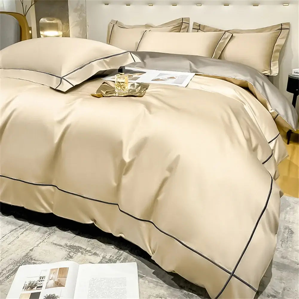 Beige satin egyptian cotton duvet cover bedding set with black piping detail from decorbites luxurious collection