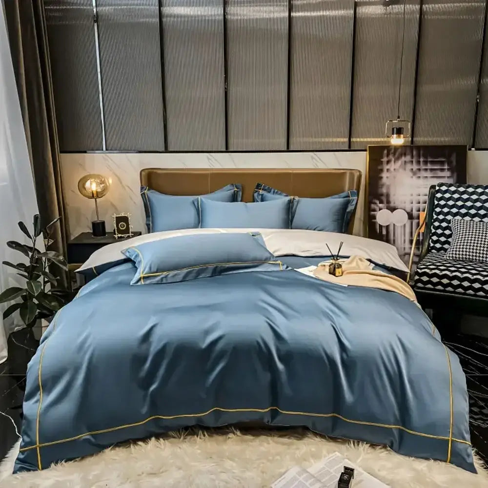 Blue satin duvet cover with gold piping from DecorBites™ luxurious Svetanya egyptian cotton bedding set