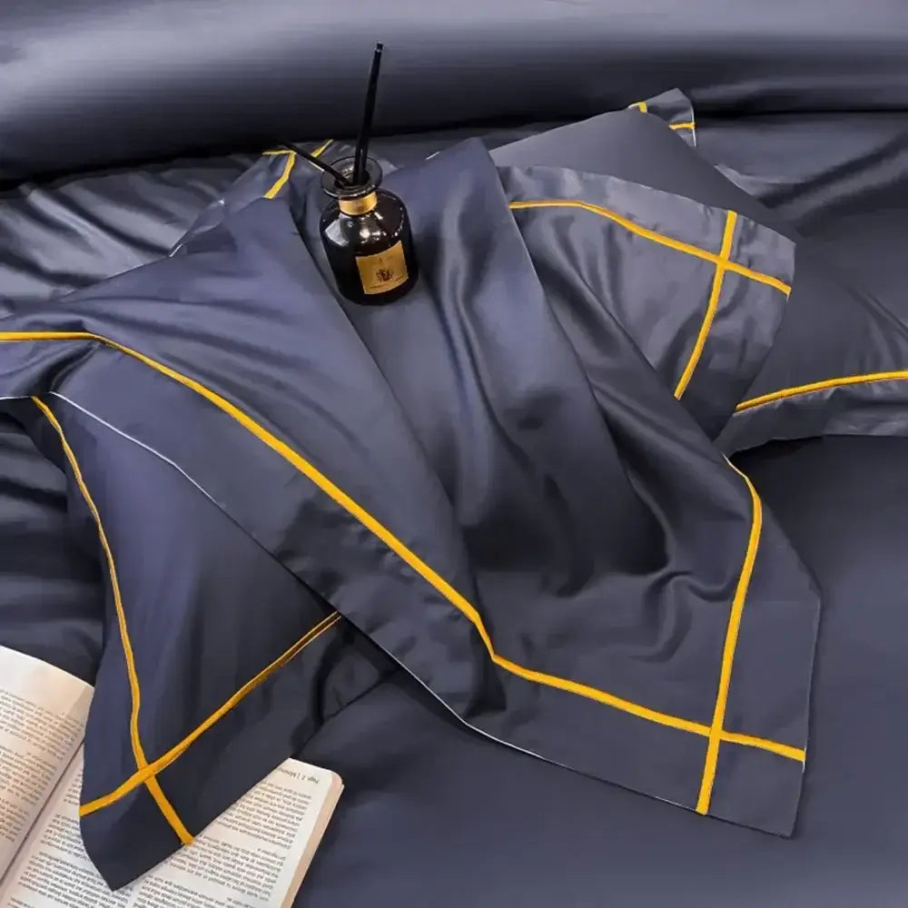 Dark blue satin pillowcase with bold yellow geometric stitching from DecorBites™ luxurious svetanya egyptian cotton bedding set