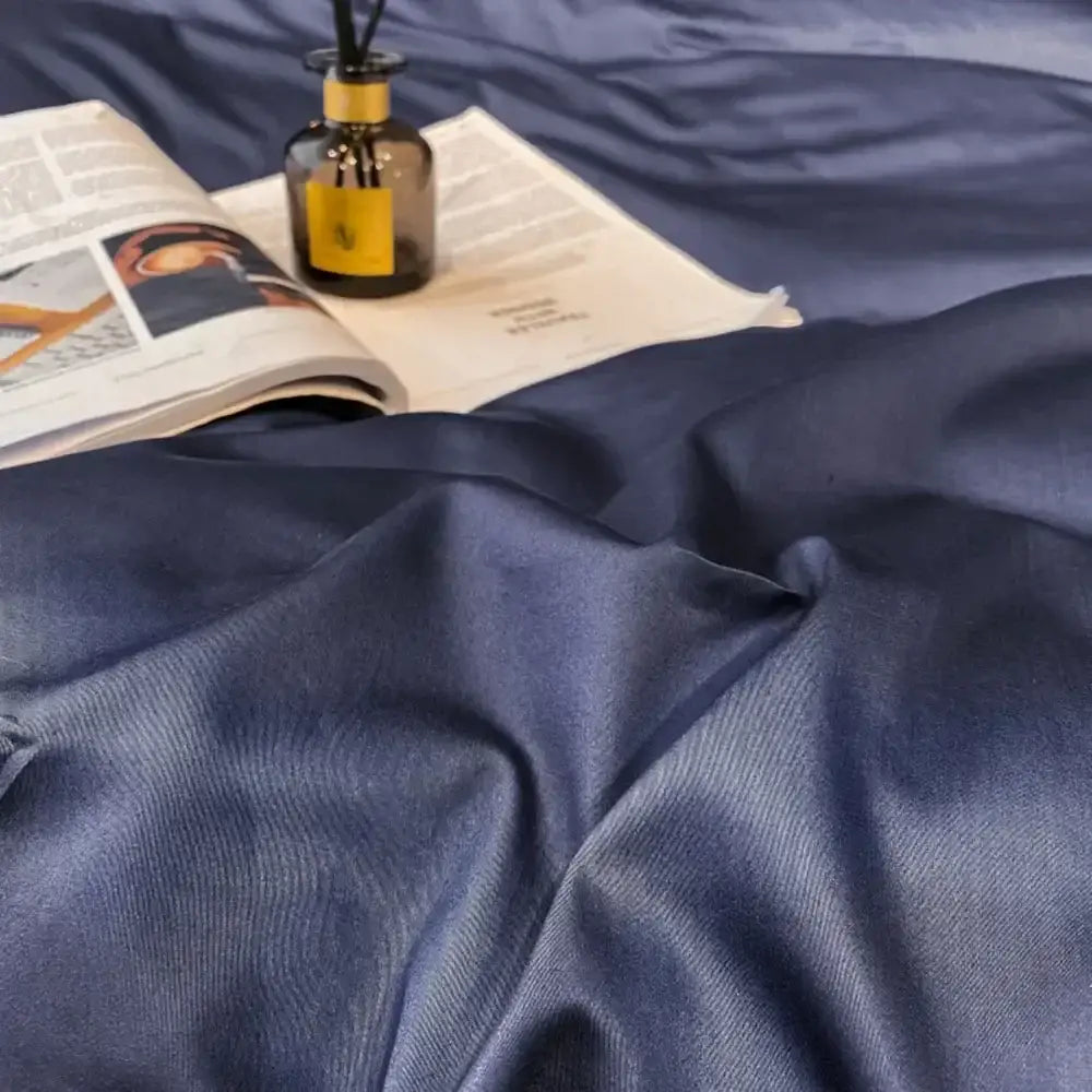Deep navy satin duvet cover with subtle ribbed texture in decorbites™ luxurious svetanya egyptian cotton bedding set
