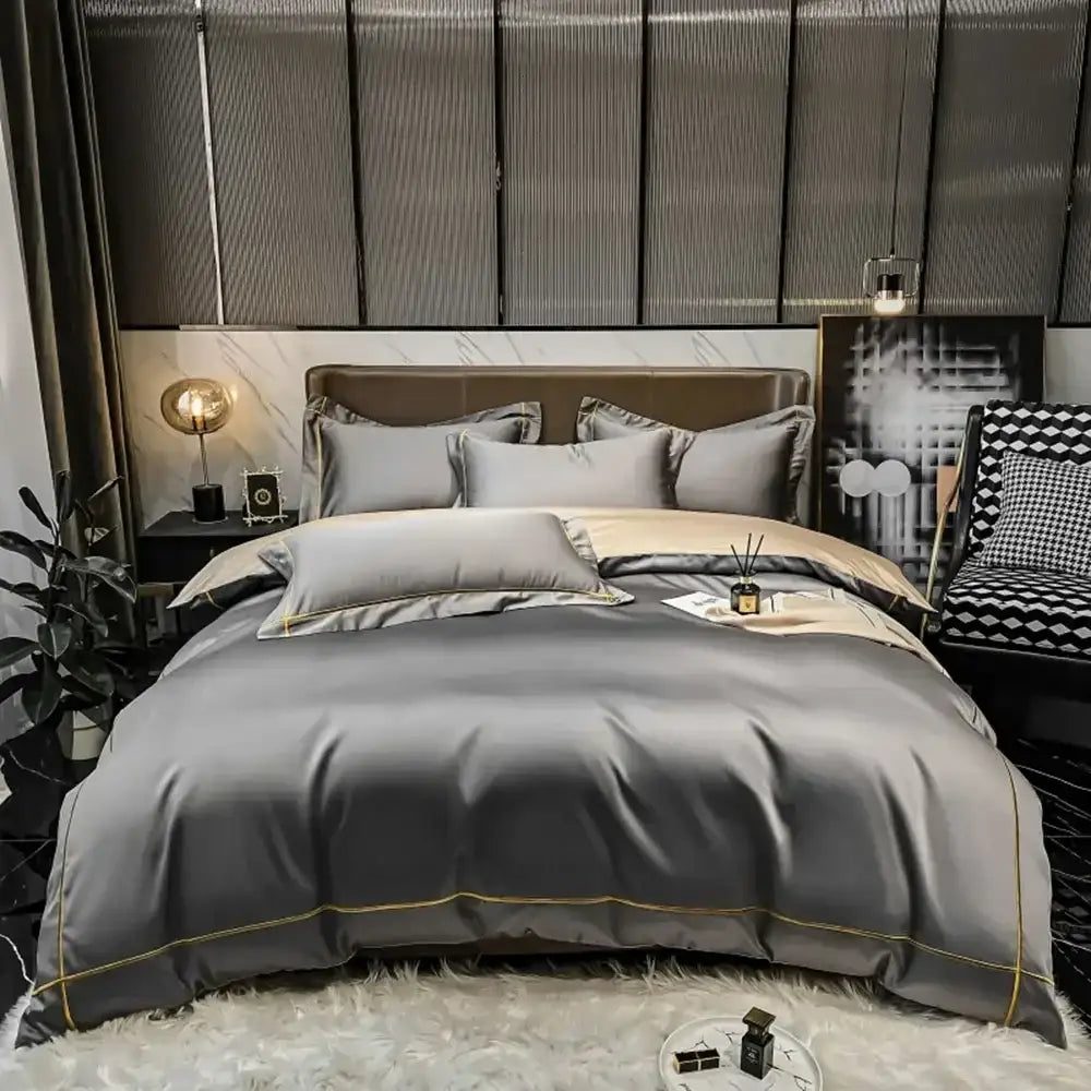 Gray satin egyptian cotton duvet cover bedding set with gold trim from decorbites luxurious svetanya collection