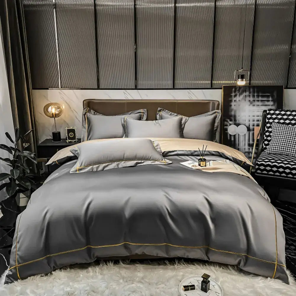 Gray satin duvet cover with gold piping in decorbites™ luxurious svetanya egyptian cotton bedding set