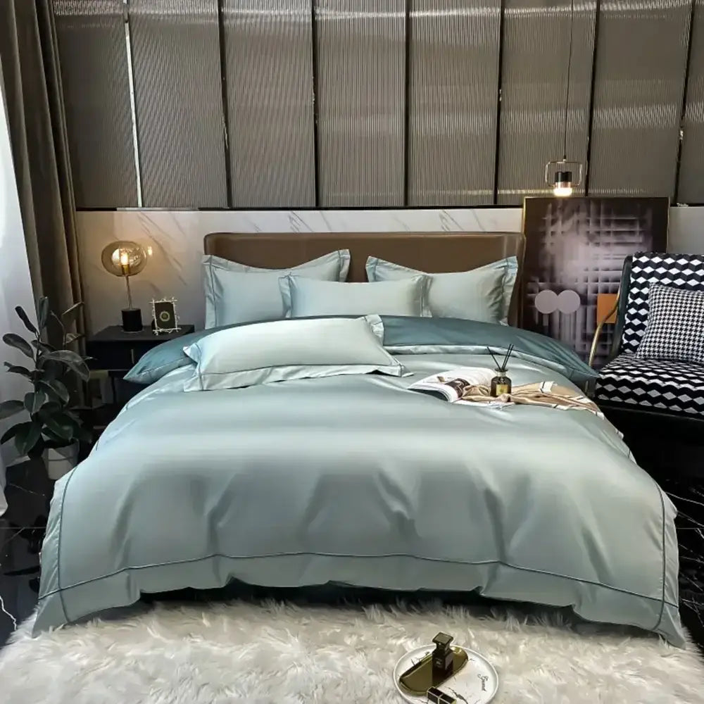 Light blue satin egyptian cotton bedding set with subtle stitched detailing from DecorBites™ luxurious duvet cover collection