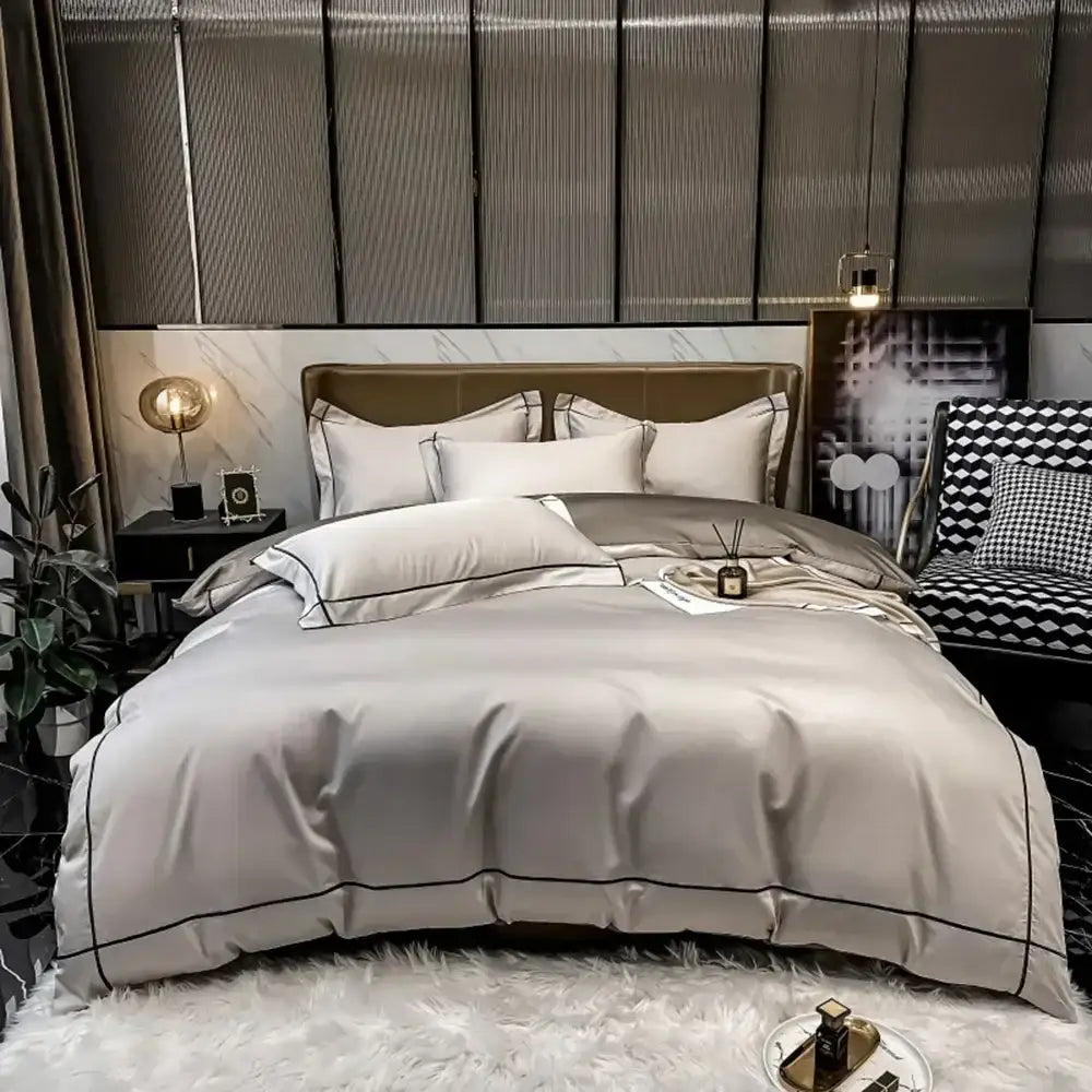 DecorBites Luxurious Svetanya egyptian cotton bedding set with silver-gray satin duvet cover and elegant black piping trim
