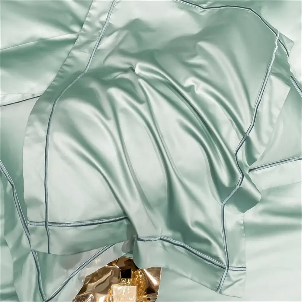 Luxurious mint green satin egyptian cotton bedding set with subtle gray stitching for elegant duvet cover use