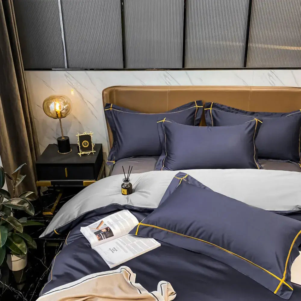Navy blue satin pillowcases with gold piping from the DecorBites™ luxurious Svetanya egyptian cotton bedding set