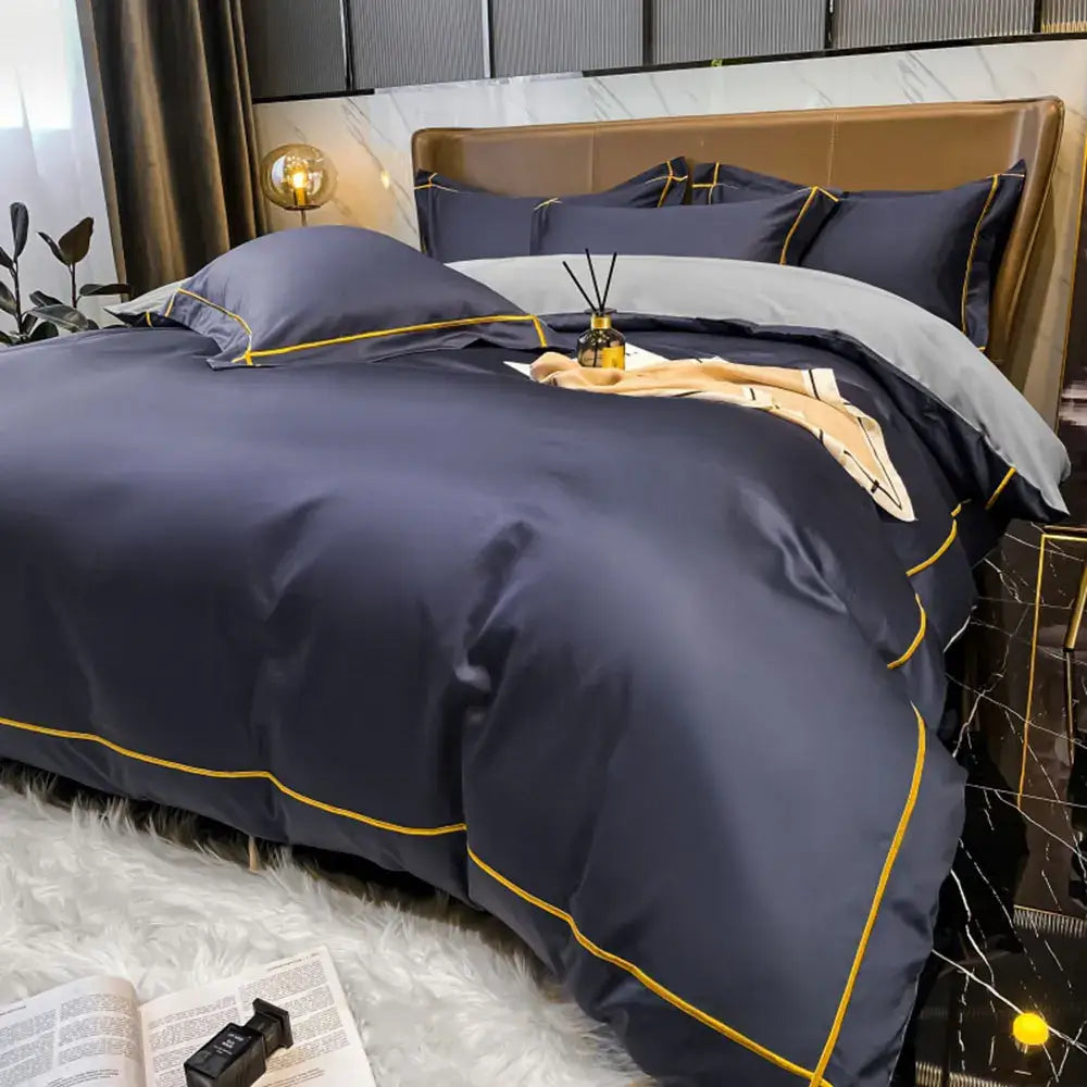 Navy blue satin duvet cover set with gold piping accents from decorbites™ luxurious svetanya egyptian cotton bedding set