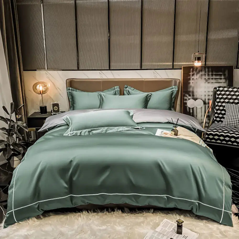 Teal satin DecorBites Luxurious Svetanya egyptian cotton bedding set with white piping and duvet cover
