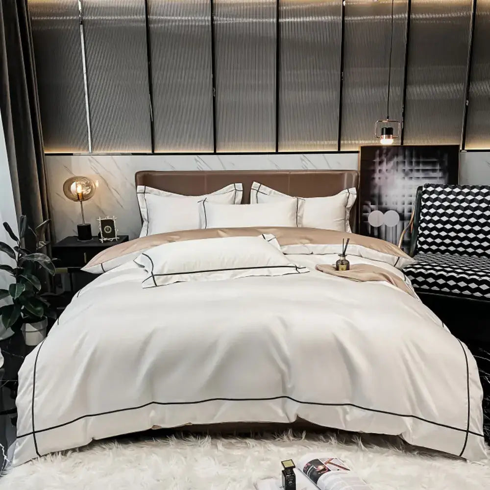 White satin Egyptian cotton duvet cover with black piping trim from DecorBites™ luxurious bedding set