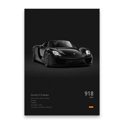 Black Porsche 918 Spyder luxury car canvas art print with sleek aerodynamic design and glossy finish for home decor
