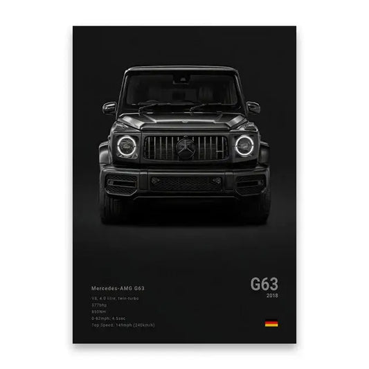 DecorBites™ luxury car canvas wall art featuring a black matte Mercedes-AMG G63 2018 with aggressive grille design