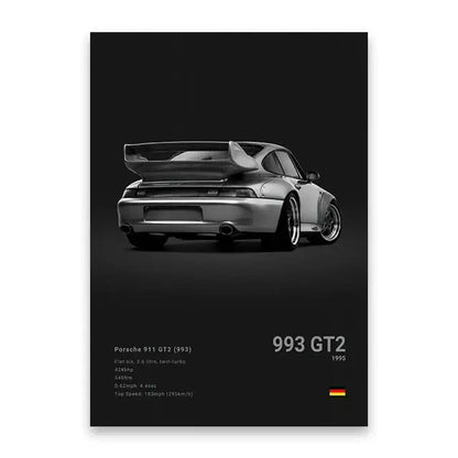 Black and white art print of silver porsche 911 gt2 993 with raised spoiler against dark background wall art print