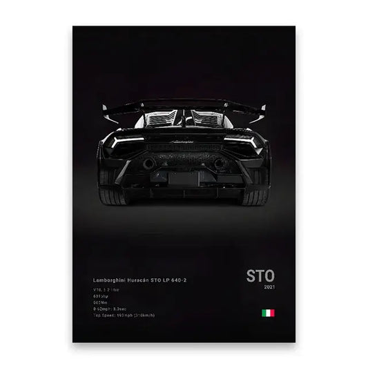 Black lamborghini huracán sto lp 640-2 rear view canvas wall art print featuring carbon fiber diffuser and air intakes
