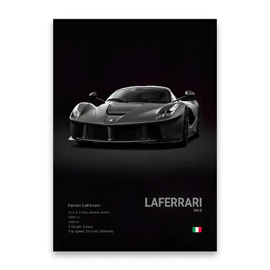 Decorbites™ luxury cars canvas wall art print featuring a black 2013 ferrari laferrari with sleek design and prancing horse emblem
