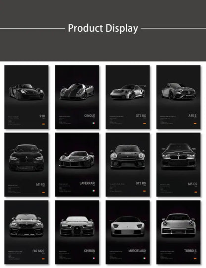 Black-and-white decorbites luxury cars canvas wall art print featuring porsche 918 pagani cinque and ferrari laferrari wall art