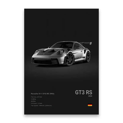 Decorbites luxury cars canvas wall art print featuring silver porsche 911 gt3 rs with black racing stripes and specs