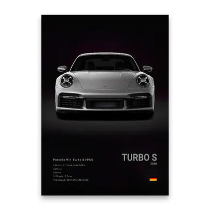 Silver porsche 911 turbo s poster wall art print with sleek design and bold typography for modern home decor