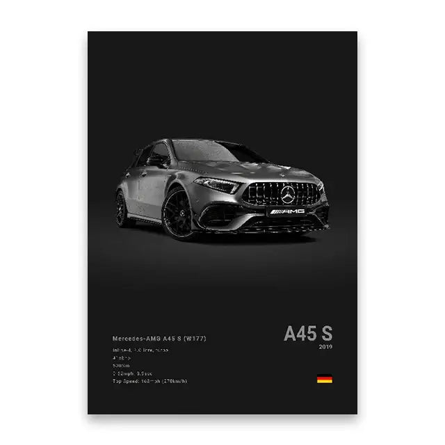 Silver mercedes-amg a45 s sports car canvas wall art print by decorbites luxury cars for modern home decor