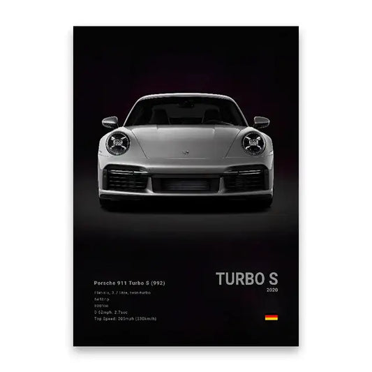 Silver porsche 911 turbo s cars canvas wall art print featuring sleek design and bold typography for modern decor