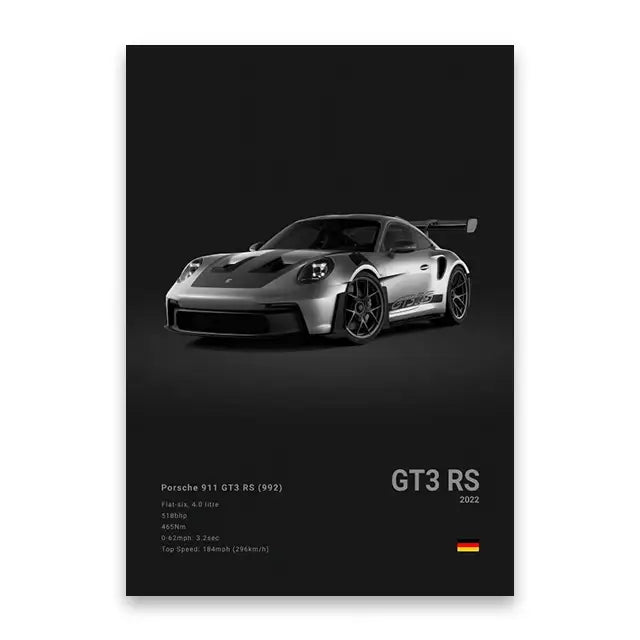 Silver Porsche 911 GT3 RS canvas wall art print featuring sleek black racing stripes and performance specifications
