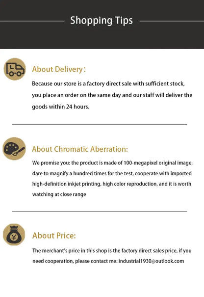 Shopping tips section with icons about delivery chromatic aberration and price for decorbites luxury cars canvas wall art