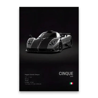 Decorbites luxury cars canvas wall art print featuring a black and silver pagani zonda cinque sports car poster