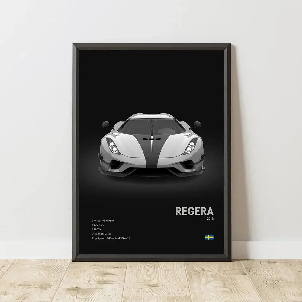 Black-framed canvas wall art featuring a monochrome 2018 koenigsegg regera with silver and black racing stripes for modern decor