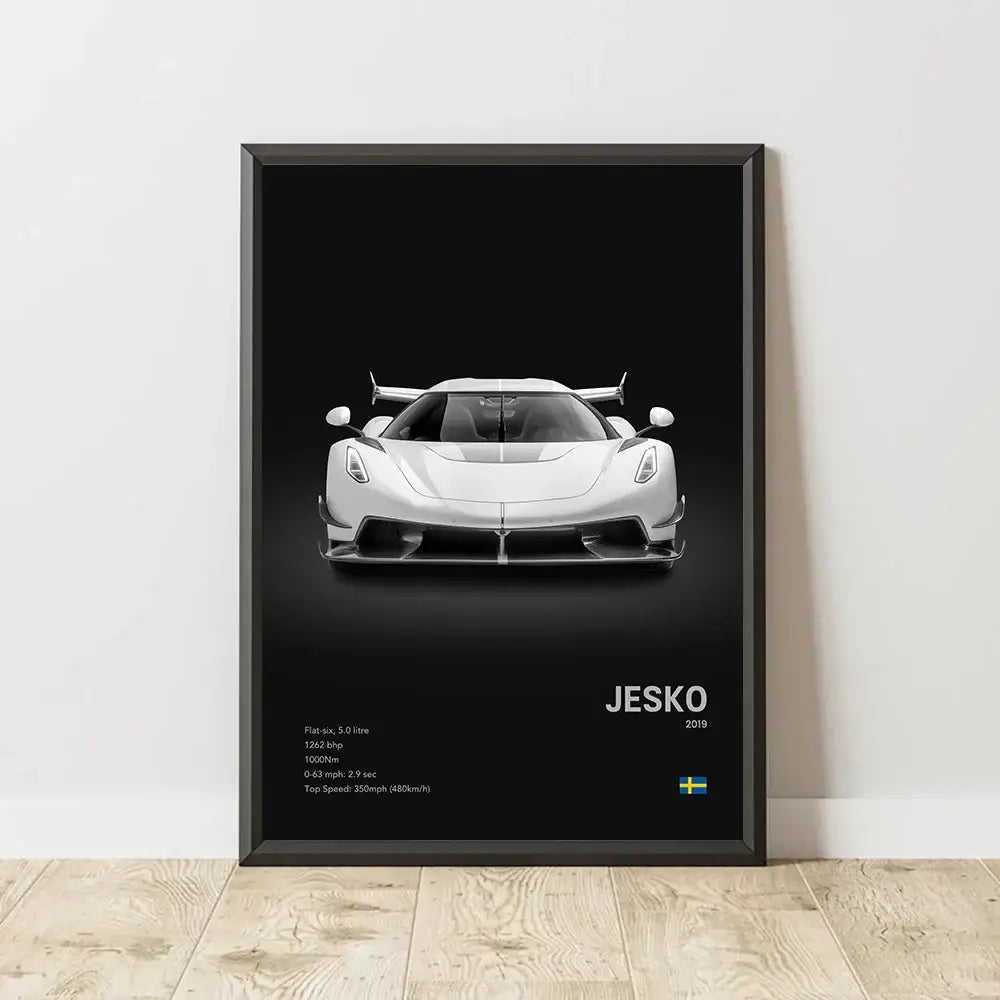 Black-framed canvas wall art featuring a monochrome white koenigsegg jesko hypercar with 2019 specs for modern decor