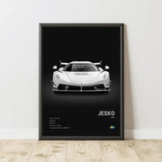 Black-framed canvas wall art featuring a monochrome white koenigsegg jesko hypercar with 2019 specs for modern decor