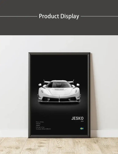 Black-framed canvas wall art featuring a monochrome image of the white koenigsegg jesko hypercar from 2019