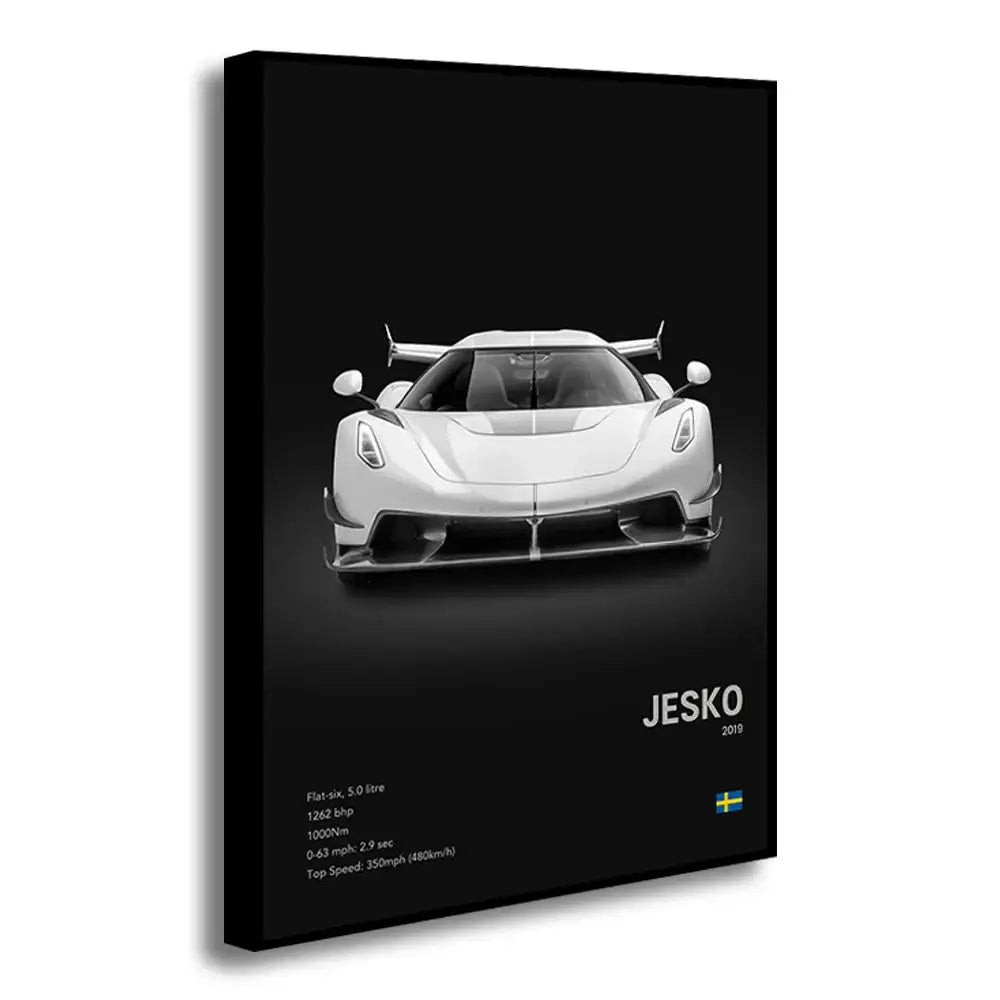 Black canvas wall art print featuring a white koenigsegg jesko hypercar with specifications and 2019 model year text