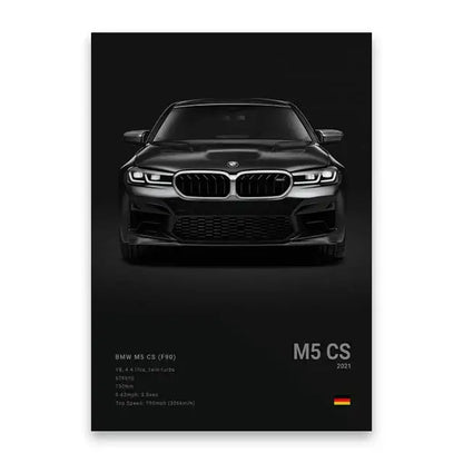 DecorBites luxury cars canvas wall art print featuring black BMW M5 CS front grille and headlights against dark background