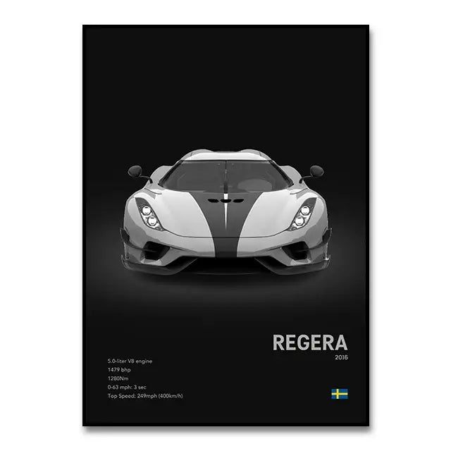 Black and white canvas wall art of koenigsegg regera 2016 sports car with sleek aerodynamic design for modern decor