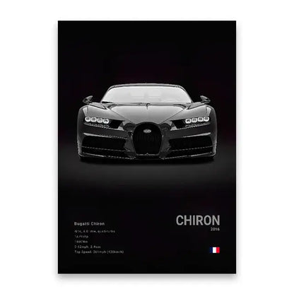 Black-and-white canvas wall art featuring a 2016 bugatti chiron with sleek design for modern home decor
