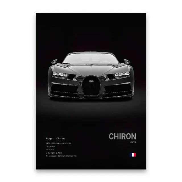 Black-and-white canvas wall art featuring a 2016 bugatti chiron with sleek design for modern home decor
