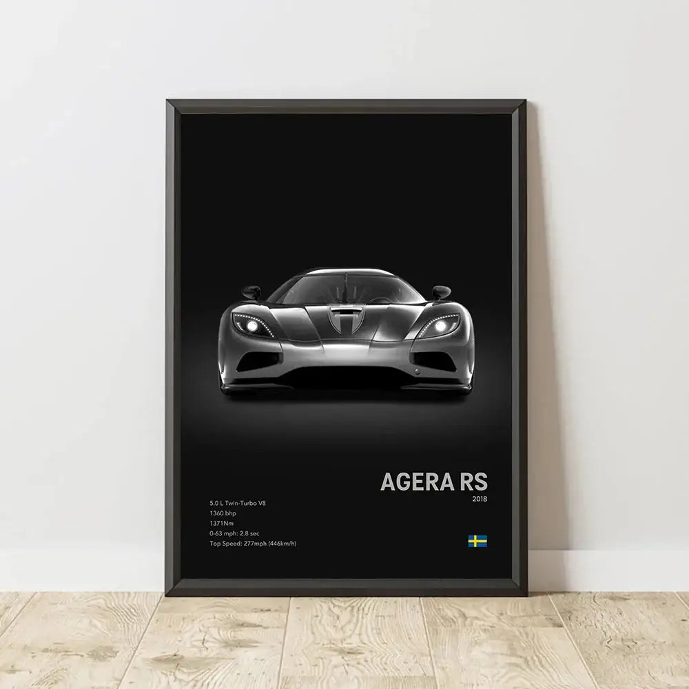 Black-framed canvas wall art featuring a sleek silver koenigsegg agera rs 2018 with specifications and swedish flag