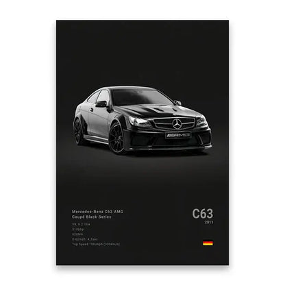 Decorbites luxury cars canvas wall art print featuring a black mercedes-benz c63 amg coupe with glossy finish