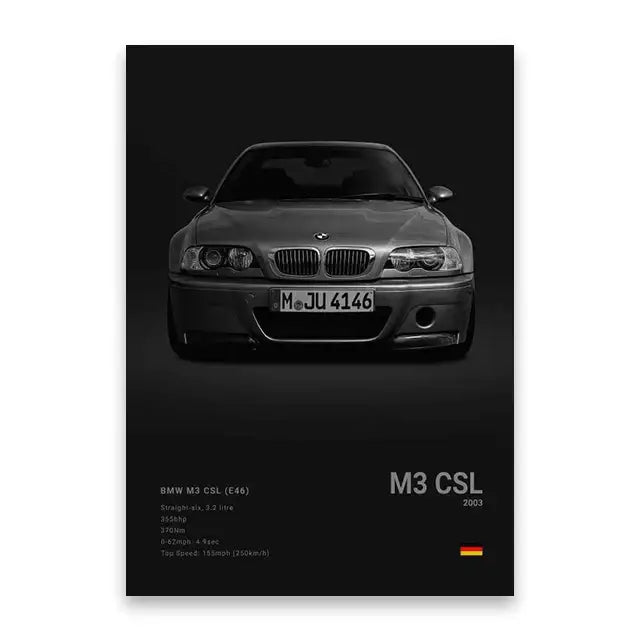Black and silver BMW M3 CSL E46 front view canvas wall art print for modern luxury home décor by DecorBites™